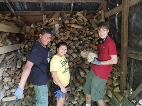 Volunteers at the wood pile at Camp Friedenswald