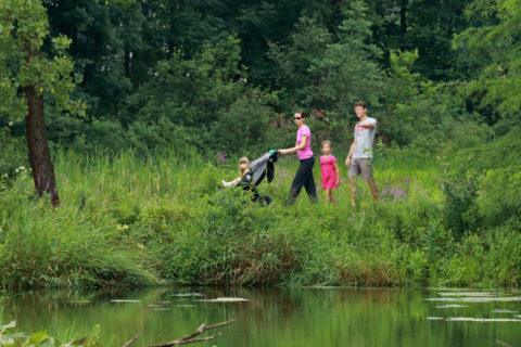 A young family walks along the grassy lakeshore.
